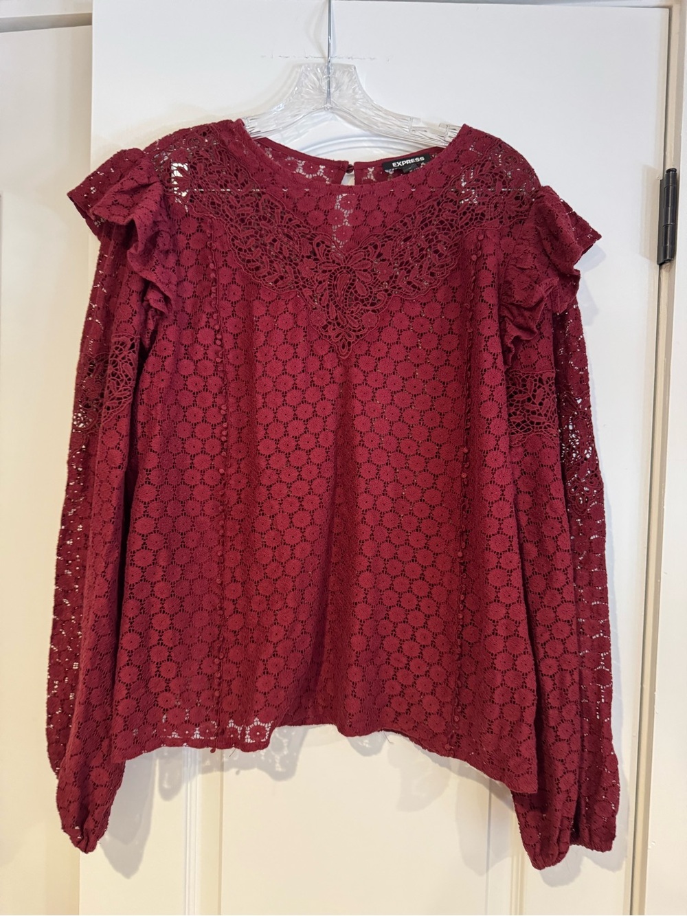 Express Women’s Burgundy Lace Ruffle Long-Sleeve Top NWOT